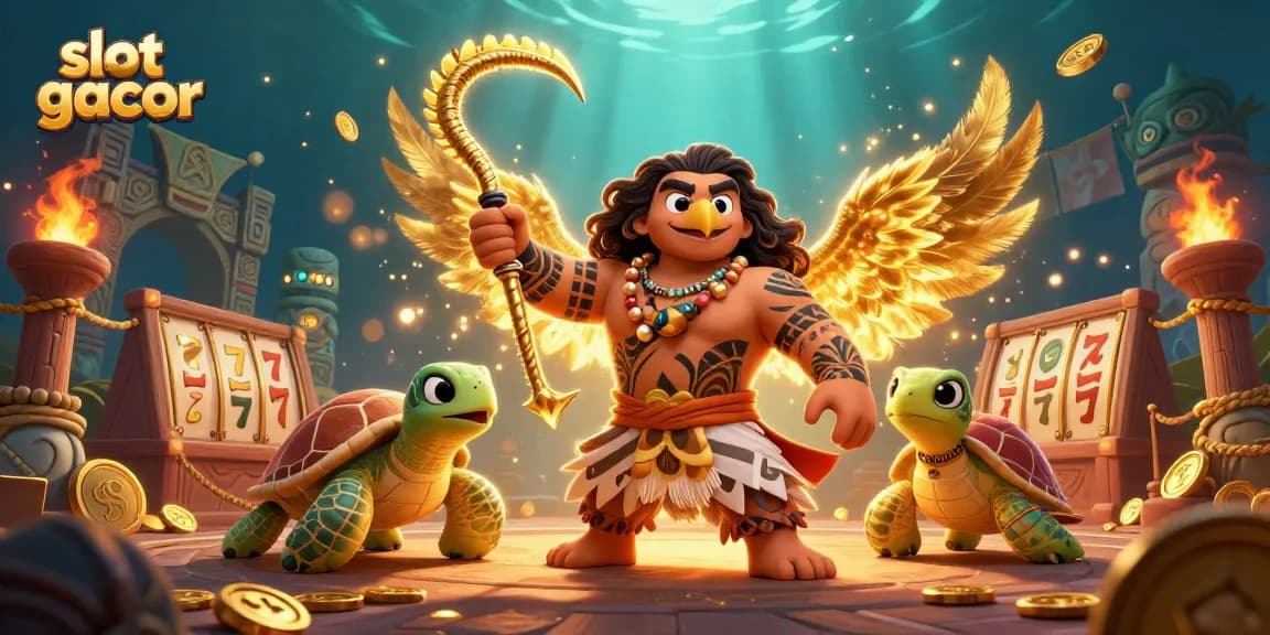 Experience slot gacor excitement with 3D characters in a vibrant casino setting full of treasures.