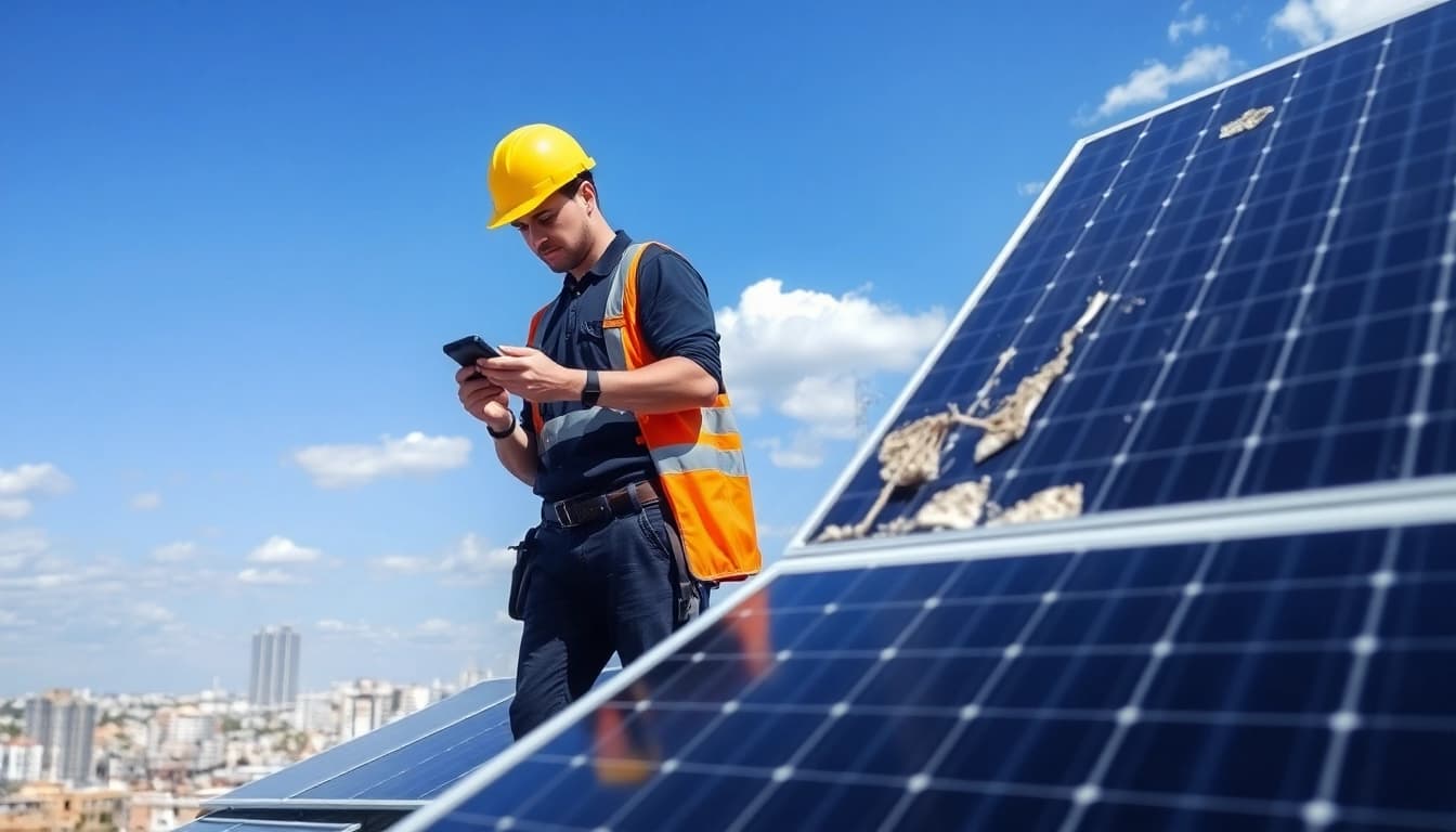 Technician performing solar panel repair on a rooftop, ensuring optimal panel performance.