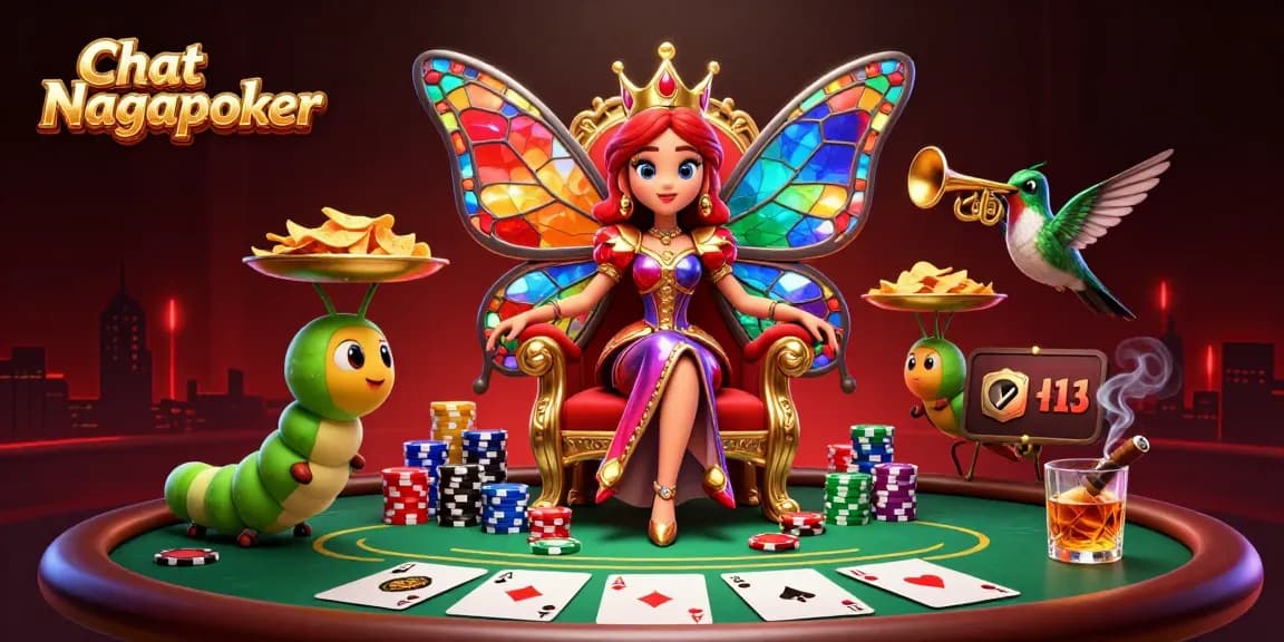 Engage with Chat Nagapoker in a vibrant 3D poker illustration featuring a butterfly queen.