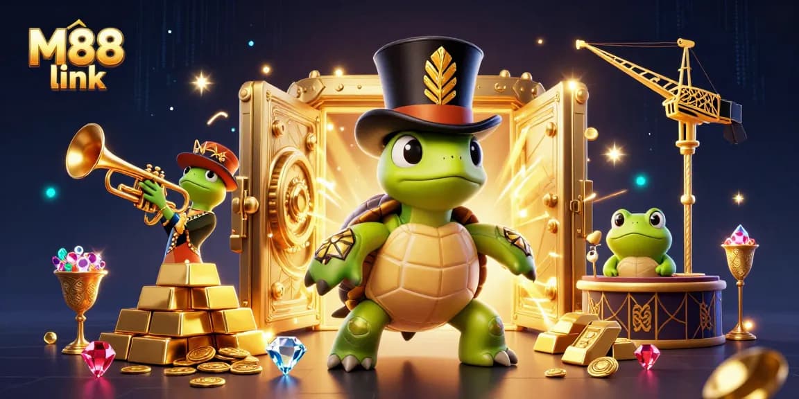 Experience thrilling gameplay with M88 link and exciting treasures in this dynamic 3D casino scene.