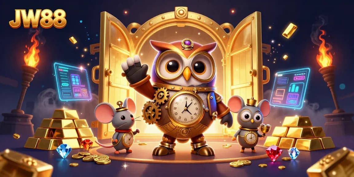 Experience winning at JW88 with a vibrant 3D casino scene featuring a time-traveler owl and treasure.