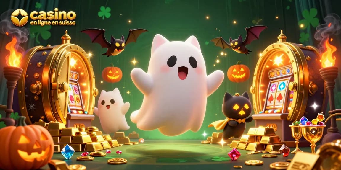 Un explore les jeux innovants au casino en ligne en Suisse avec un chat fantôme et des joyaux scintillants.