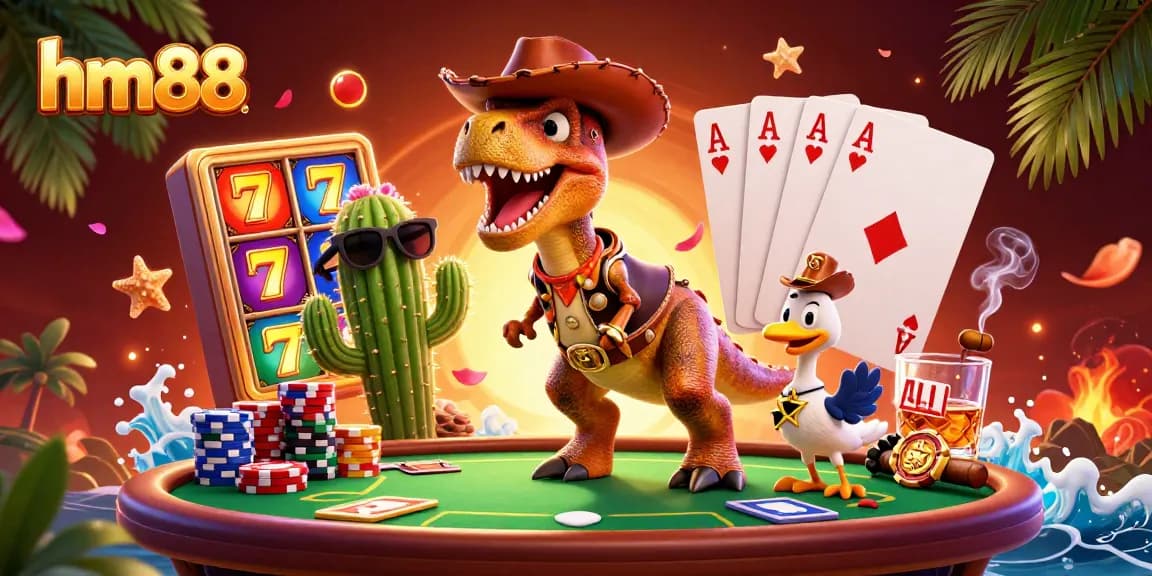 Engage with exciting gameplay at hm88 with the T-Rex dinosaur and poker-themed elements.