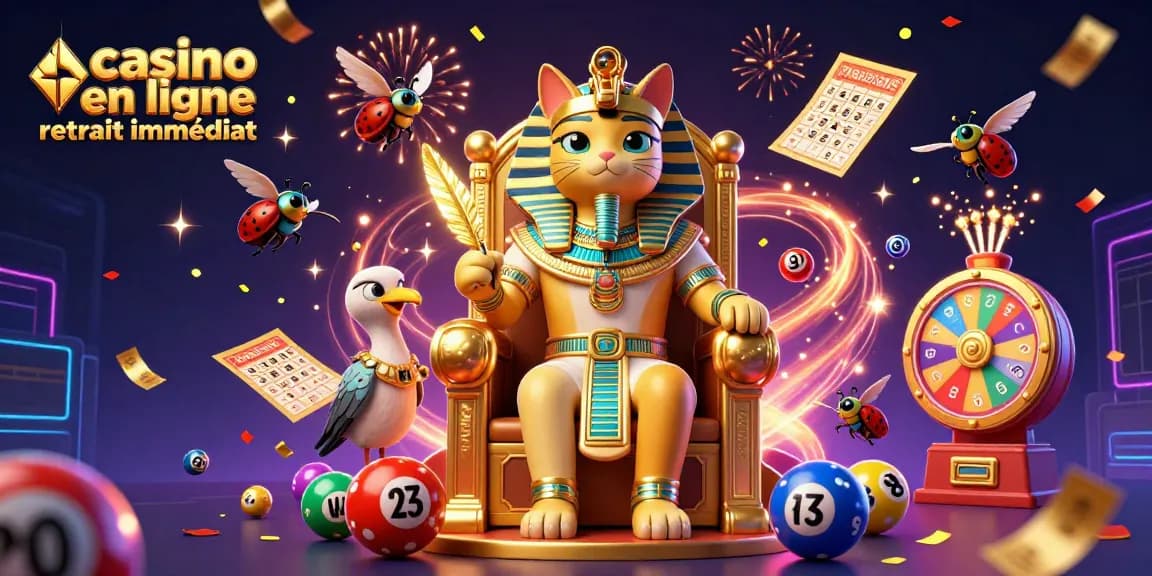 Gagnez en jouant à des casinos en ligne avec des retraits immédiats, représentant un pharaon égyptien et des éléments de loterie.