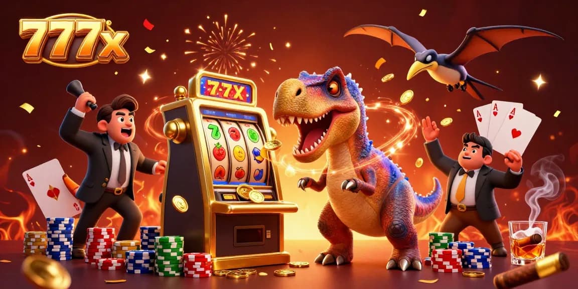 Experience 777x excitement with cartoon dinosaurs in an action-packed casino scene