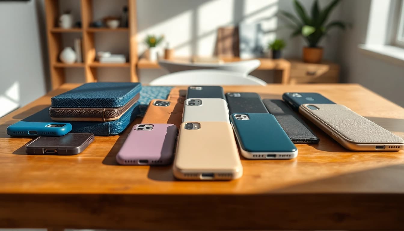 Explore unique designs from phone case wholesale suppliers on a stylish wooden backdrop.