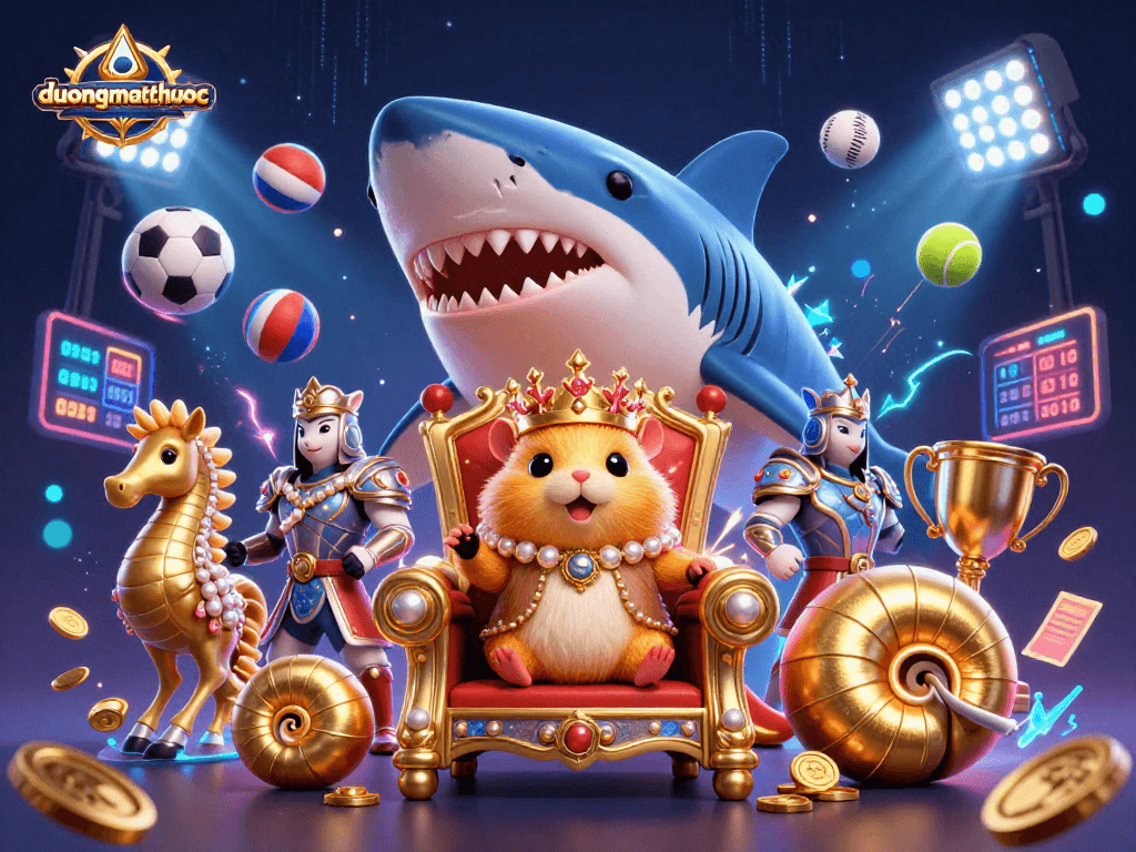 Engage with duongmatchuoc, a vibrant scene of a golden hamster king amidst a rich 3D casino environment.