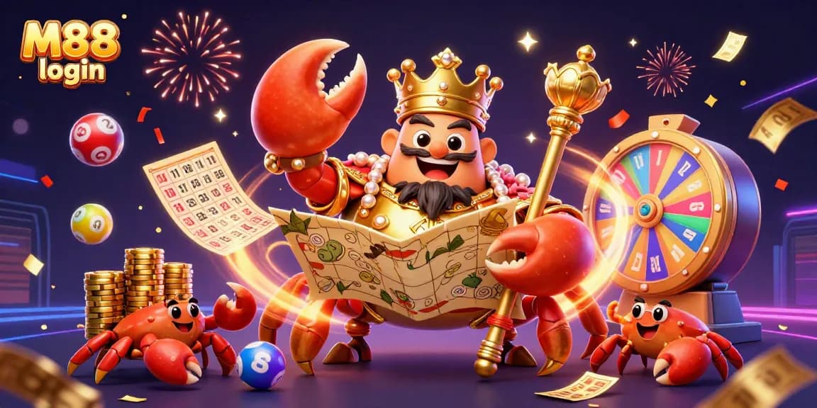 Join the fun with M88 login at the casino, featuring a golden crab emperor and exciting gambling elements.