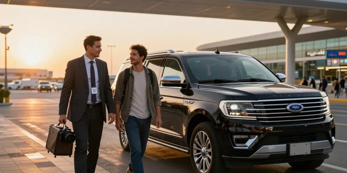 Airport Transfers Service Dubai featuring professional chauffeur welcoming travelers at Dubai International Airport.