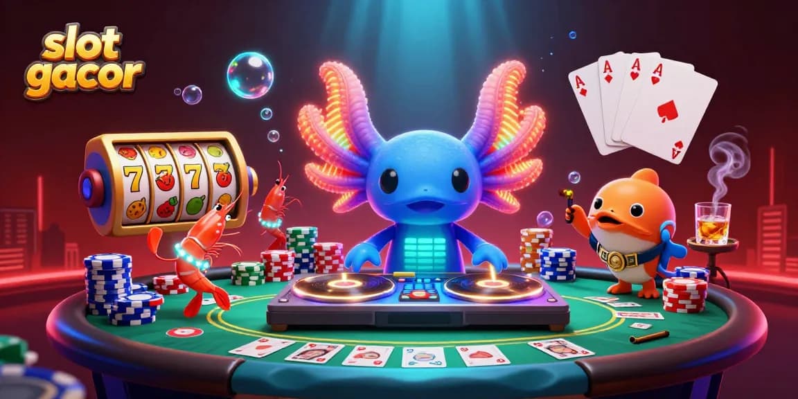 Menghadirkan slot gacor dengan suasana 3D ceria dari DJ axolotl neon yang memutar lagu di panggung bawah laut.
