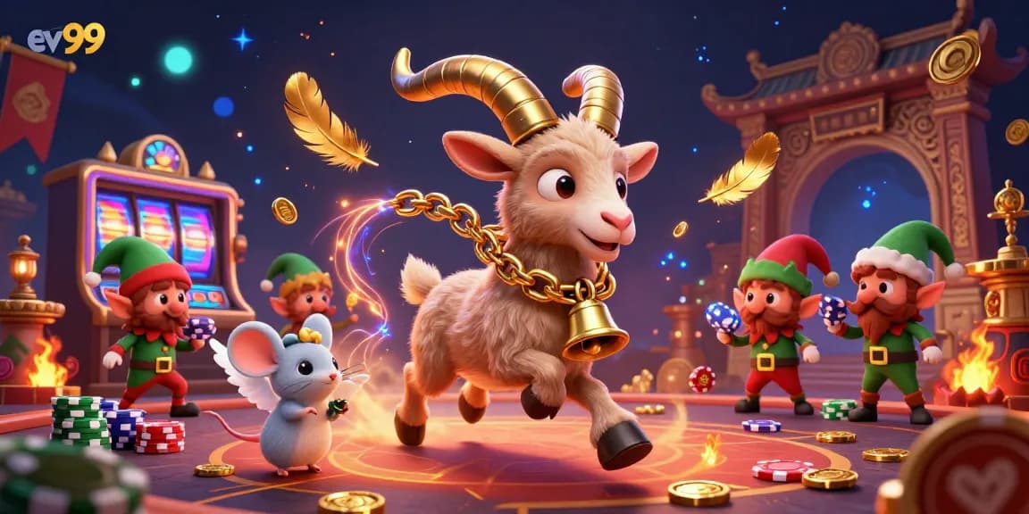 ev99 hosts a lively casino scene with a Krampus goat and playful characters at a poker table.