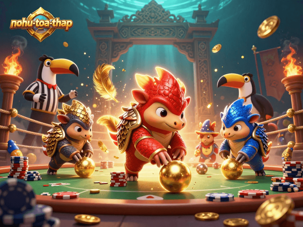 Nohu-toa-thap features thrilling gameplay with rival pangolins bowling through poker chips in a vibrant casino scene.