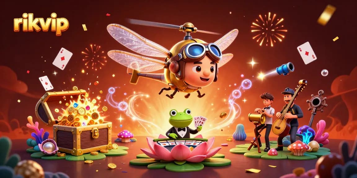 Join the excitement at rikvip with a vibrant casino scene featuring a dragonfly pilot and a frog croupier.