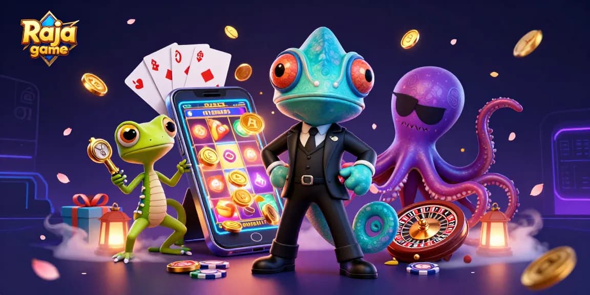 Engage with the vibrant Raja game featuring animated chameleon and tech-savvy gecko scenes, highlighting casino excitement.