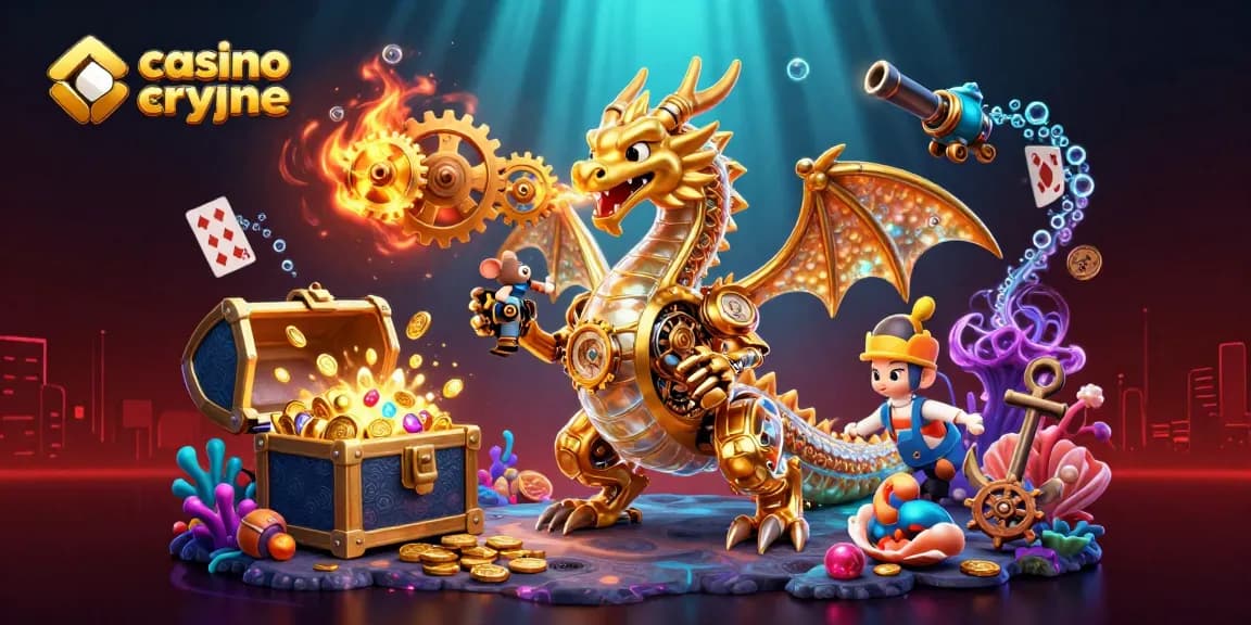 Découvrez le casino en ligne crypto avec une scène dynamique de dragon et trésor sous-marin.