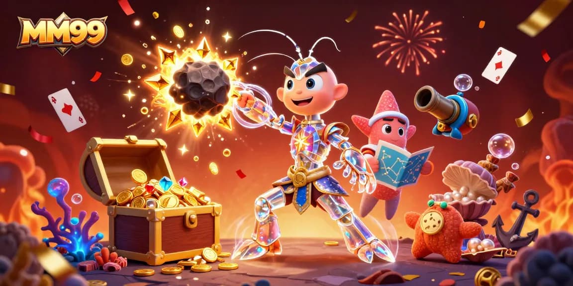 Experience the thrill of MM99 as a galactic samurai shrimp bursts through an asteroid, revealing gems and treasures.
