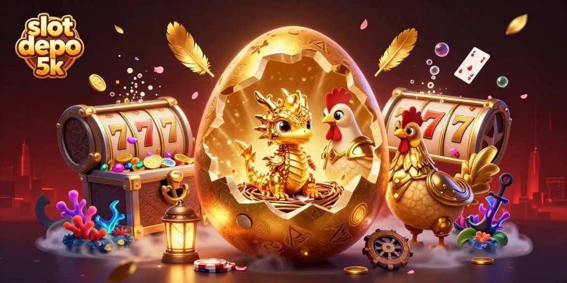 Slot depo 5k hadir dengan naga emas dalam ilustrasi permainan slot yang menggoda.