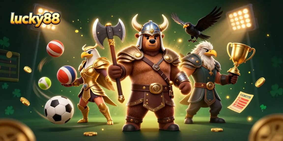 Betting in style with lucky88: a Viking bear and Valkyrie eagle dominate a vibrant gaming scene.