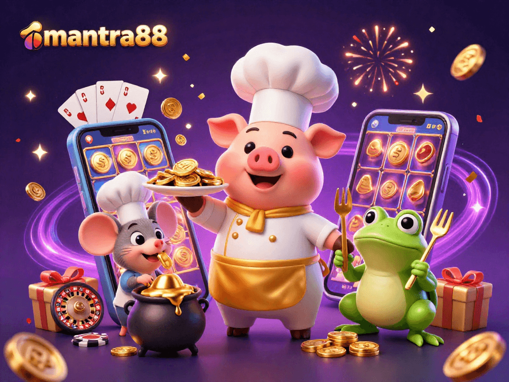 Engage in online gambling with mantra88, featuring gold coins, slot games, and celebratory atmosphere.