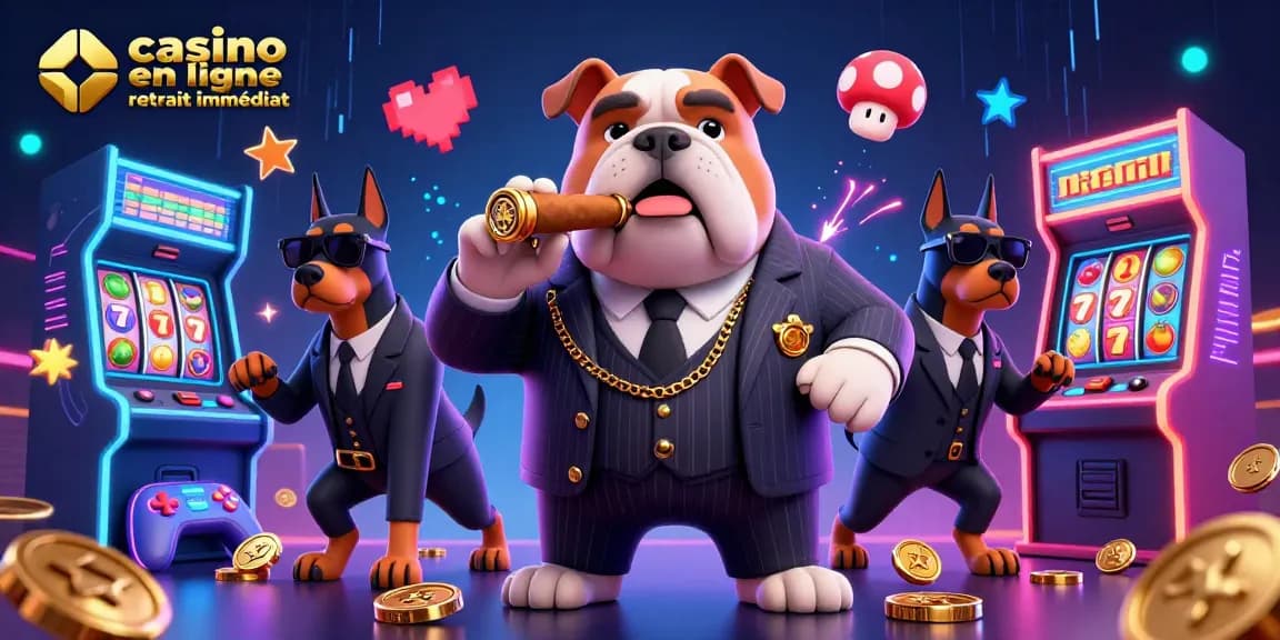 Un jeu dynamique de casino en ligne retrait immédiat avec un bulldog mafieux et des éléments de machines à sous.