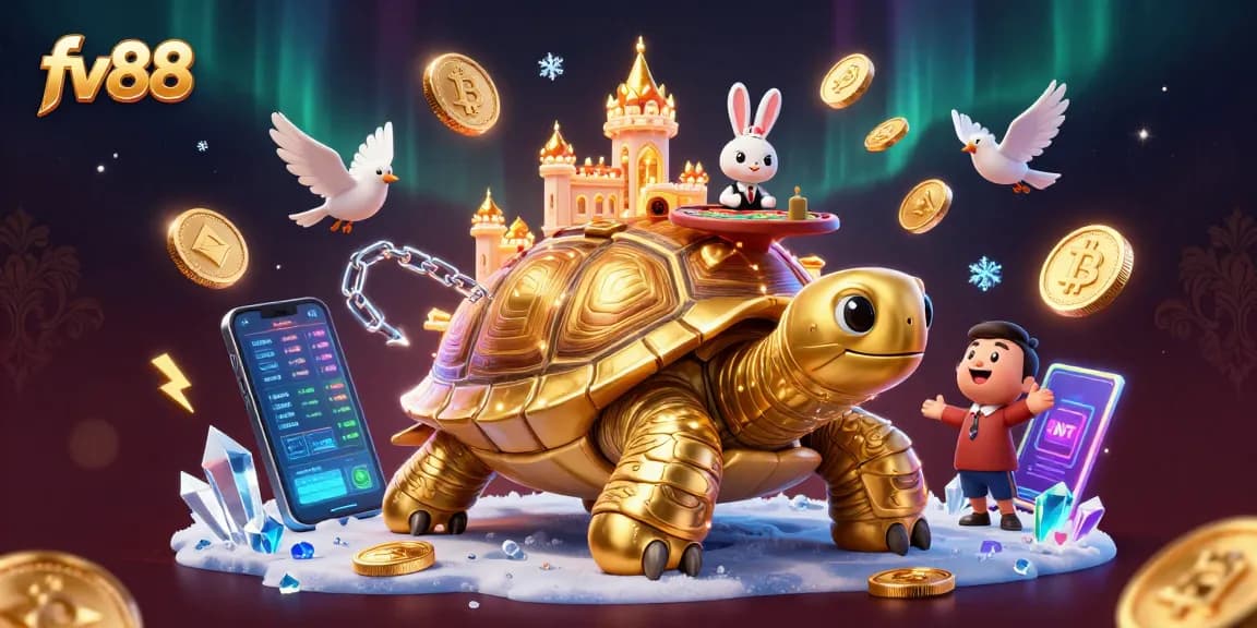 Join the excitement at fv88 with a golden tortoise casino and a rabbit dealer in a vibrant gambling scene.