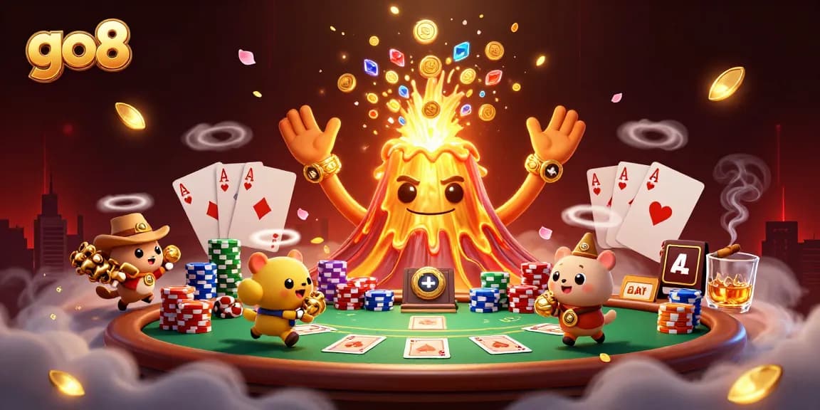 Experience the excitement at go8 with treasures erupting from a golden volcano, surrounded by vibrant casino elements.