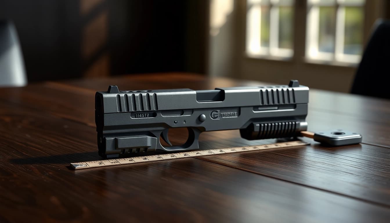 Showcase glock 43x slide with detailed metallic features on a wooden table.