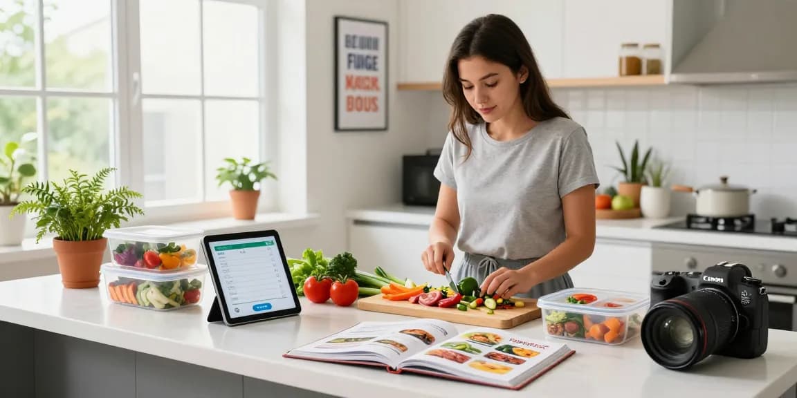 Nutritionist using the best AI macro tracker app in a bright kitchen while preparing a healthy meal.