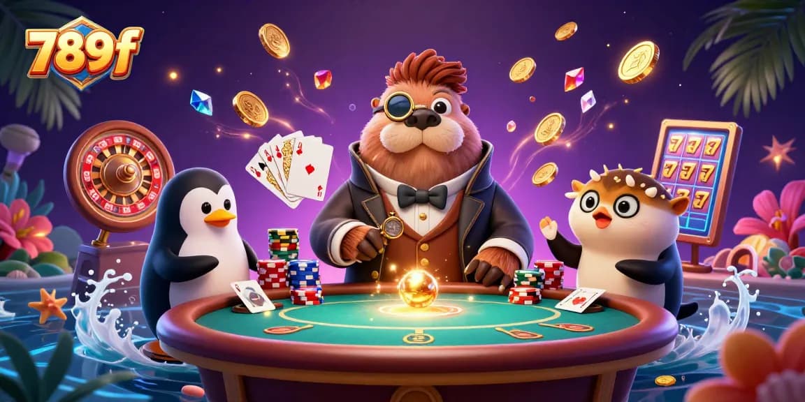 Experience the thrill of gambling at 789f, illustrated with vibrant characters and lively casino elements.