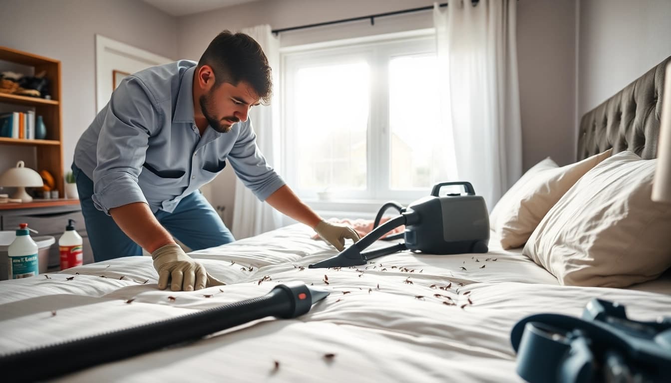 Implementing effective bed bug control measures by a technician in a residential bedroom.
