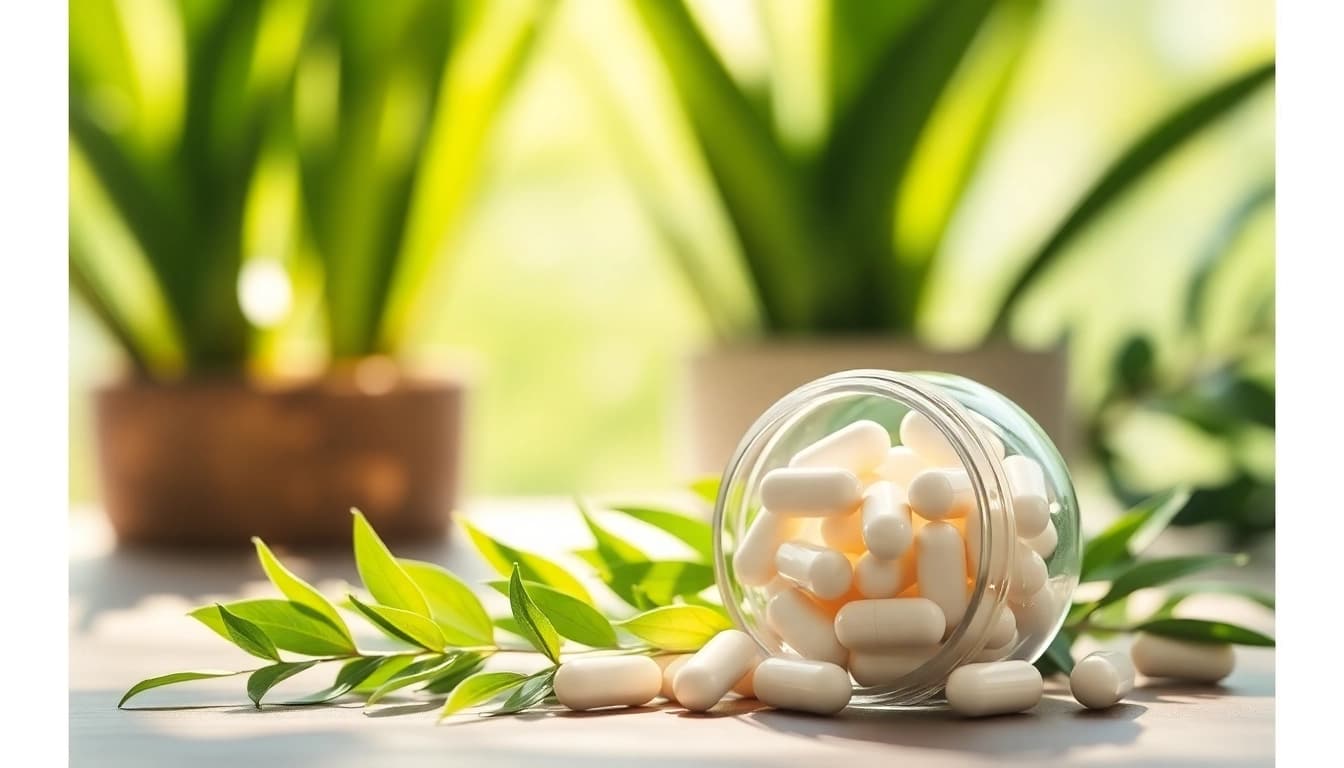 Magnesium glycinate capsules arranged in a glass jar, enhancing health and wellness themes.