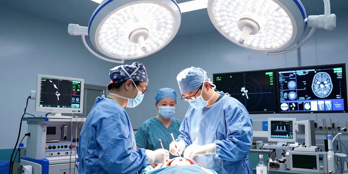 Neurosurgeons performing a beyin ameliyatı in a high-tech surgical theater, emphasizing precision and teamwork.