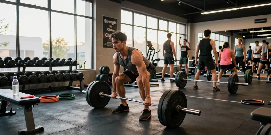 Sporty man lifting weights in the pharmaqo shop gym, showcasing community and dedication to fitness during workout.