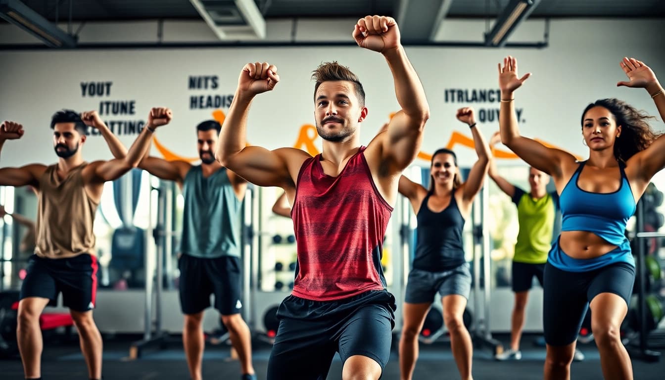 Enhancing Fitness and Nutrition through diverse athletes demonstrating exercises in a vibrant gym.