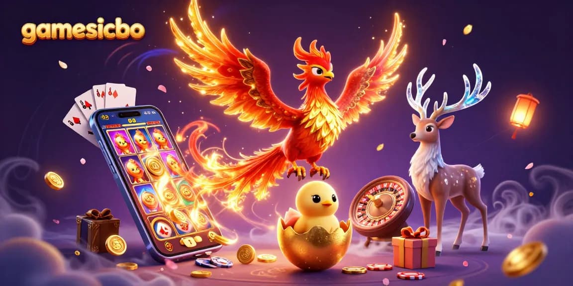 Play exciting gamesicbo with vibrant phoenixes and dynamic casino elements in a captivating scene.