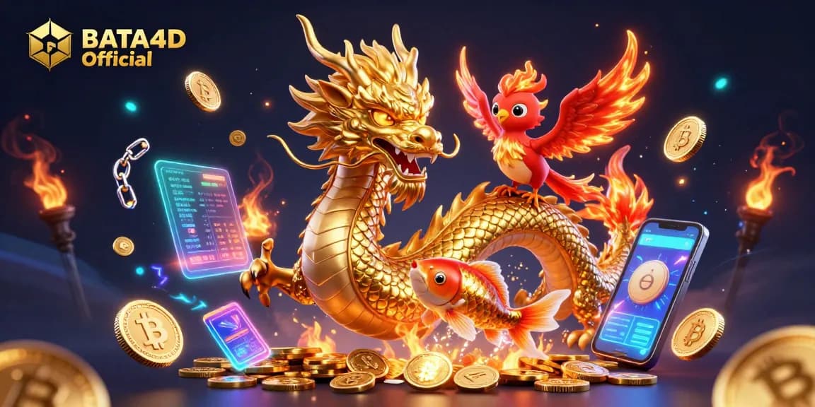 BATA4D Official showcases a dynamic gaming scene with a powerful dragon, phoenix, and koi fish amidst crypto elements.