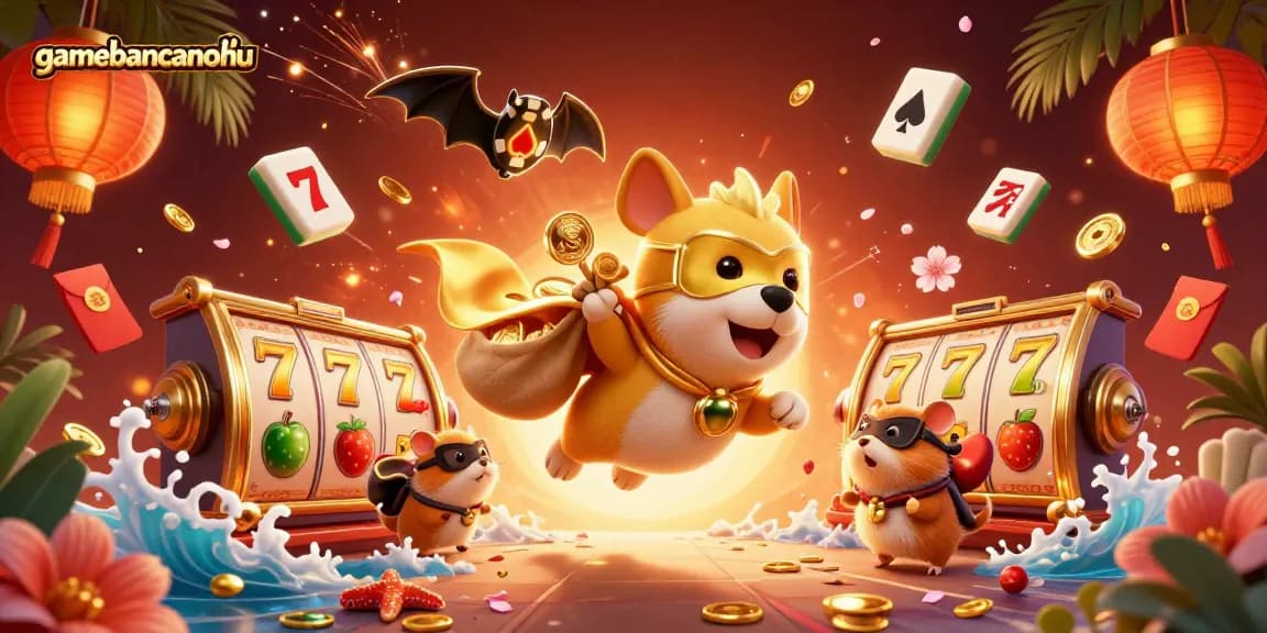 Win big at gamebancanohu with the superhero dog carrying coins in this vibrant casino scene.