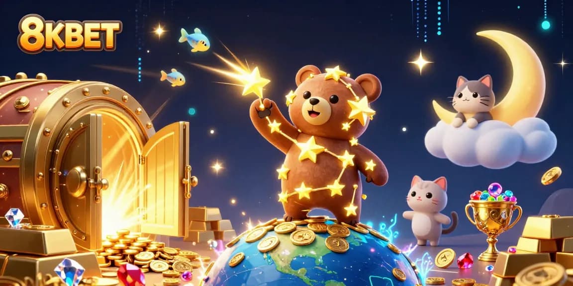 8KBET's vibrant casino scene showcases a constellation bear, treasure vault, and shooting star fish.