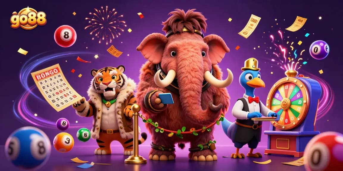 Engage with go88 as a 3D cartoon illustration showcases a vibrant casino scene with dynamic lottery elements.