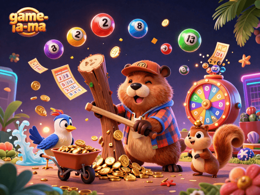 game-la-ma brings excitement with a vibrant lottery scene featuring animated characters celebrating winnings.