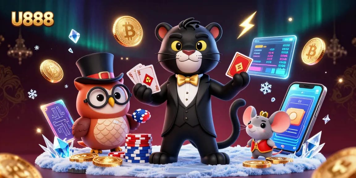 Engaging U888 casino experience with card-dealing panther, owl, and mouse enjoying crypto elements.