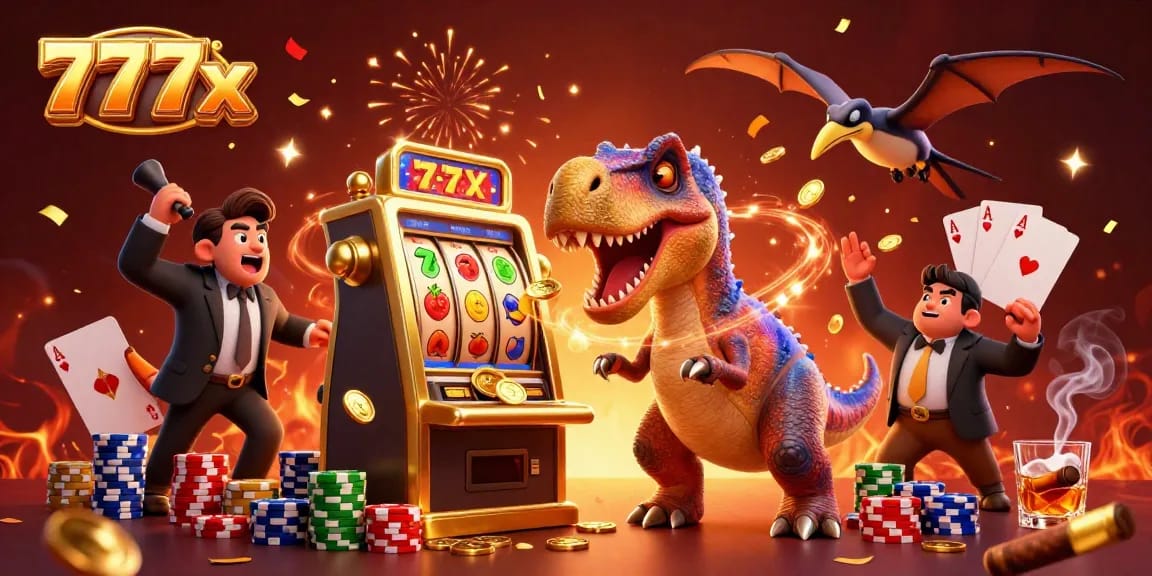 Experience 777x excitement with cartoon dinosaurs in an action-packed casino scene