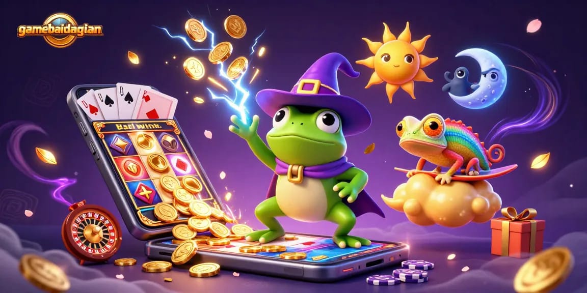 Experience thrilling gameplay at gamebaidangian with a vibrant 3D illustration of exciting casino elements.