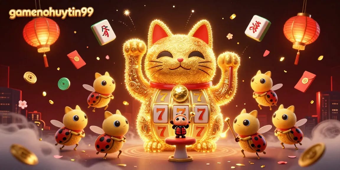 Experience the charm of gamenohuuytin99 with golden fireflies forming a lucky cat in a vibrant casino illustration.