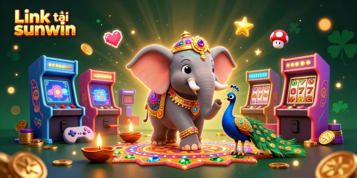 Spin the reels with Link tải sunwin amid a festive 3D casino scene filled with vibrant colors and game elements.