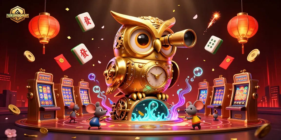Experience the vibrant action of nekomayman with a golden owl and animated casino elements.