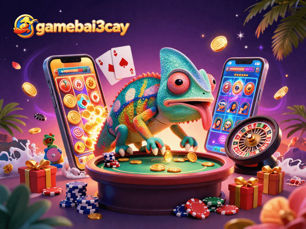 Win big at gamebai3cay with animated chameleon owner attracting golden coins.