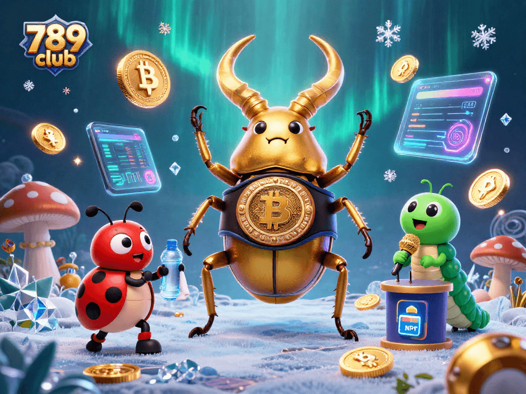 Engage with the 789 club as a golden stag beetle champions a boxing scene amidst glowing crypto elements.