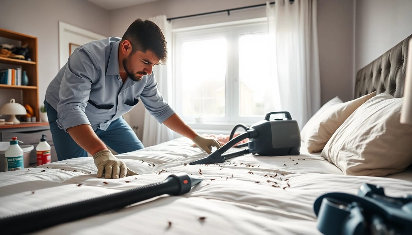 Implementing effective bed bug control measures by a technician in a residential bedroom.