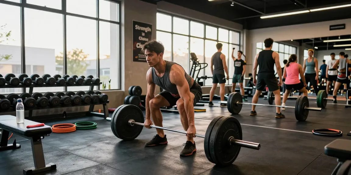Sporty man lifting weights in the pharmaqo shop gym, showcasing community and dedication to fitness during workout.